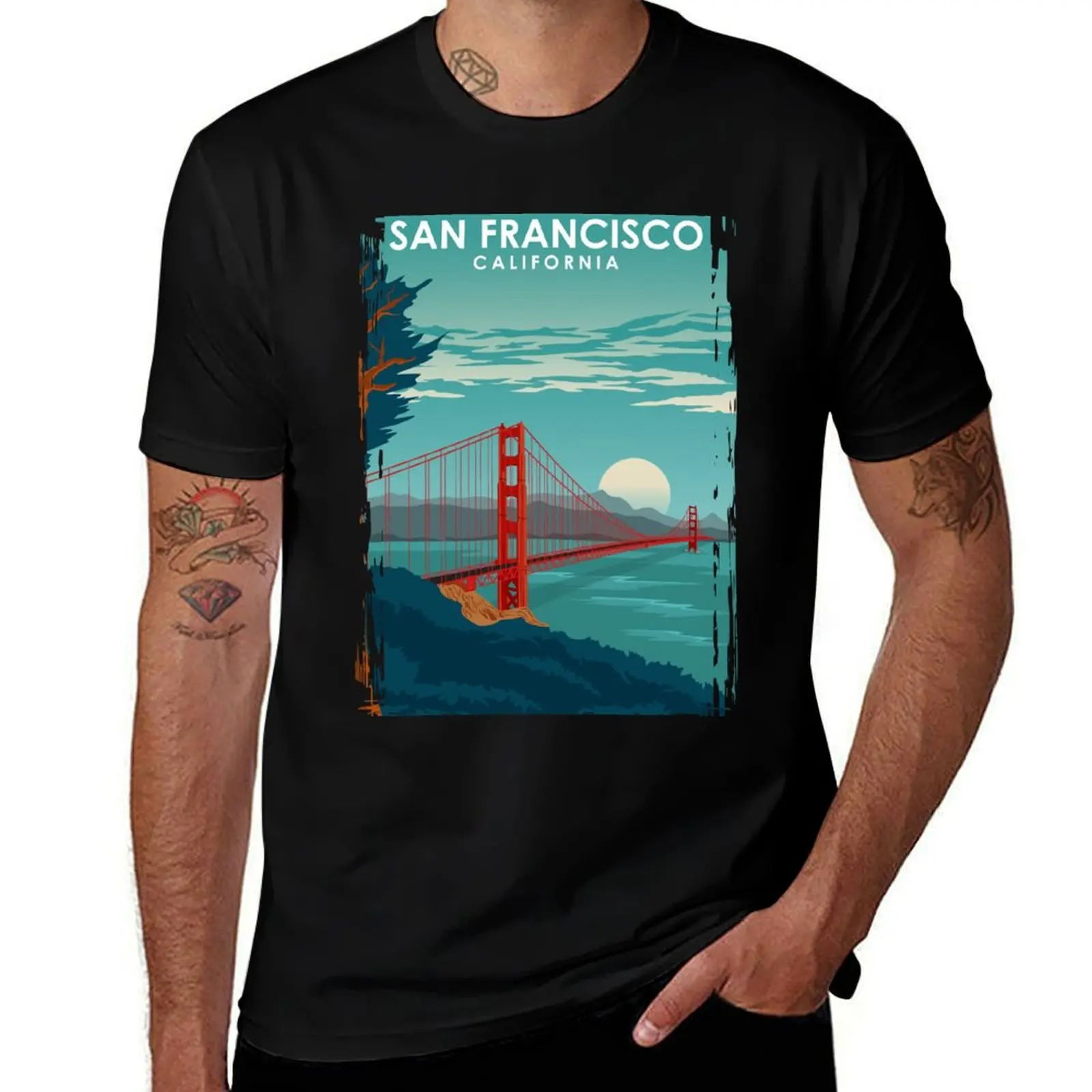 

San Francisco California Travel Poster Golden Gate Brigde T-Shirt oversizeds street wear cheap stuff shirts graphic tee men