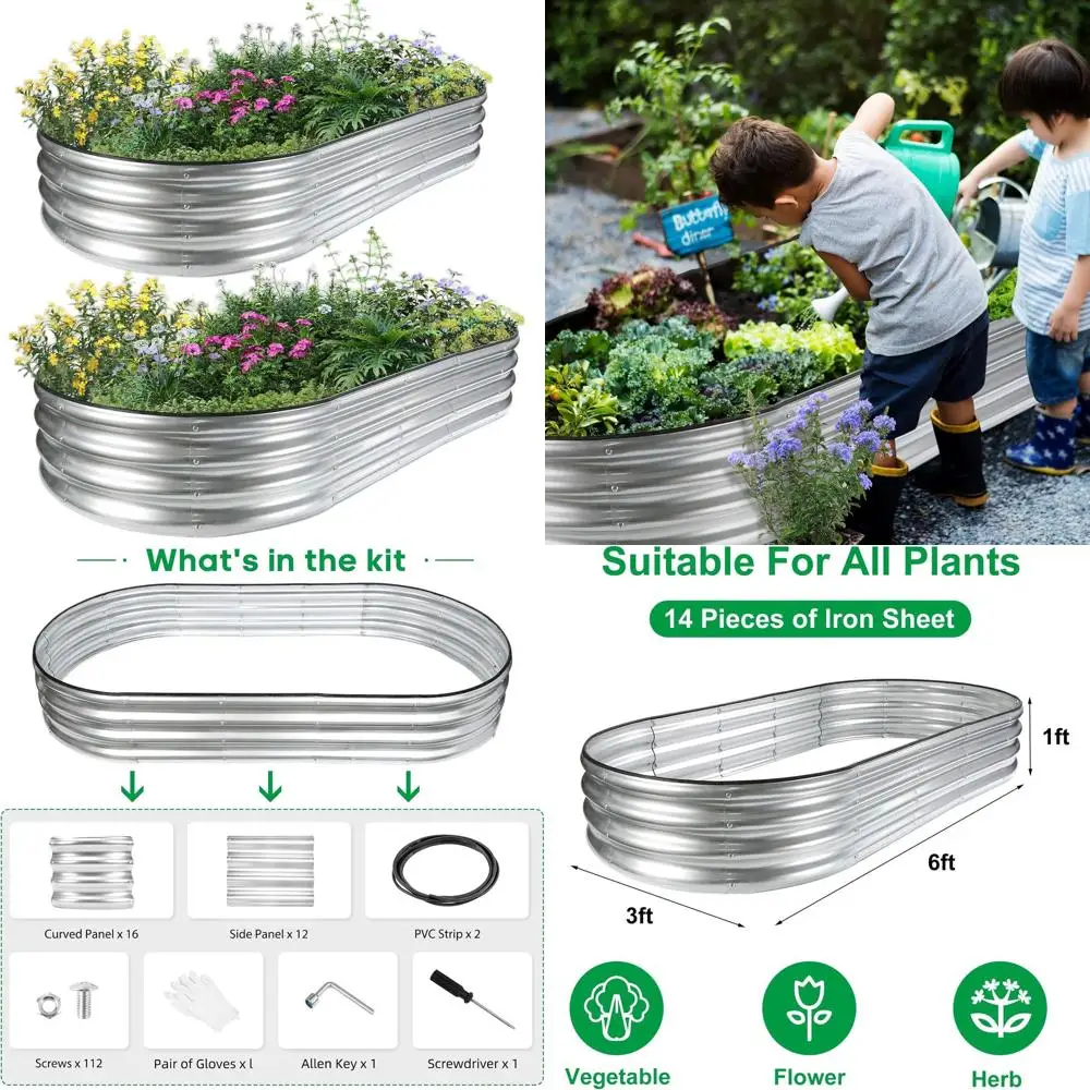 

2 упаковки овальных металлических садовых кроватей размером 6x3x1 футов, оцинкованные уличные кашпо для выращивания овощей, фруктов, цветов и трав