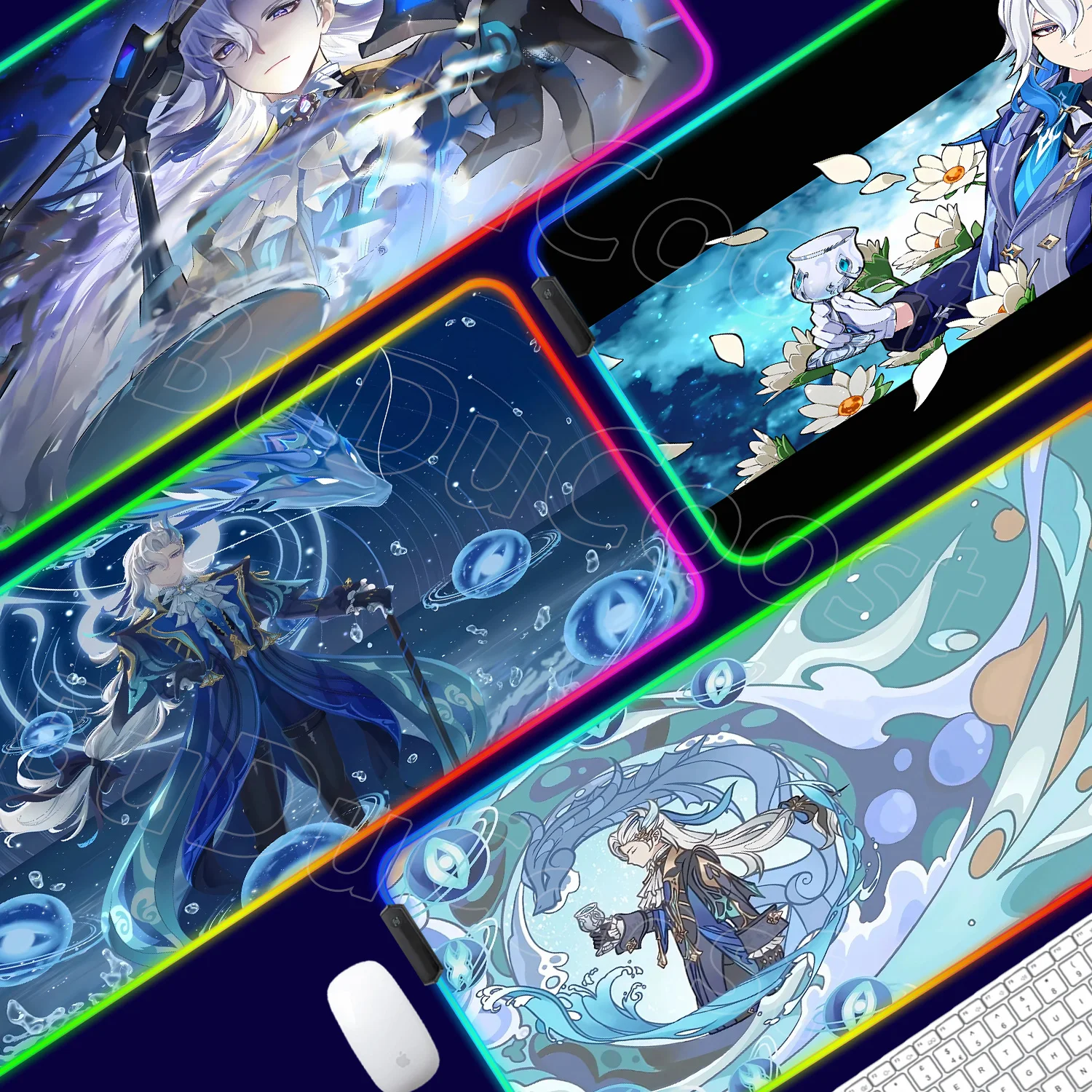 RGB LED Glowing Desk Mat Genshin Impact Gaming Mouse Pad Neuvillette Computer Mice Mat Accessories Large Desk Pad with Edge Lock