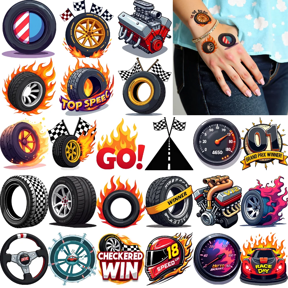 63pcs Temporary Tattoo Engine Stickers Cartoon Racing Stickers Helmet Stickers For Arms Women