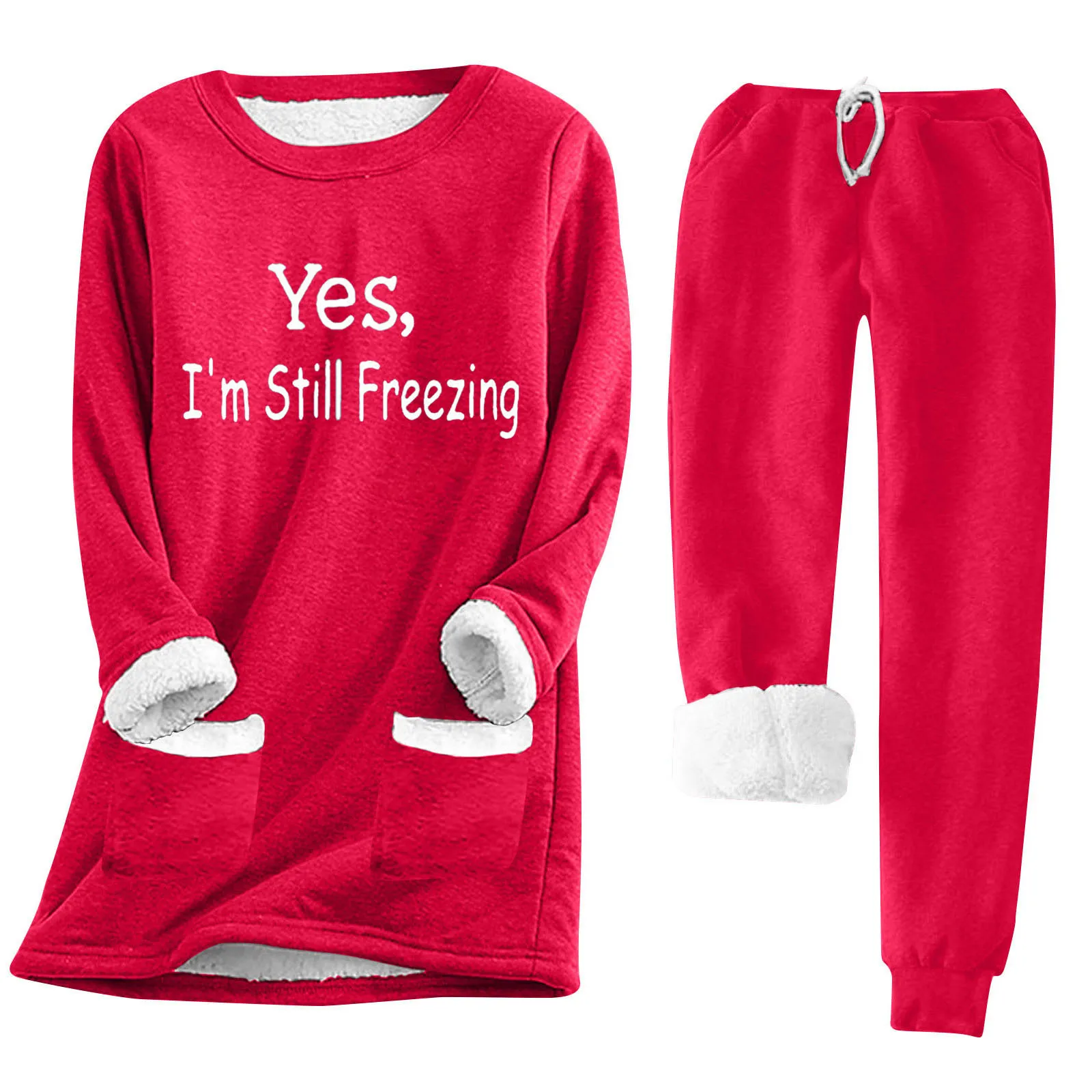 2 Teile/satz Frauen Herbst Winter Pyjama Set Oansatz Langarm Sweatshirt Elastische Kordelzug Taille Taschen Hosen Set Fleece Futter L – Detail 7