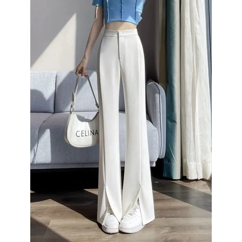 Women's High Waist Split Flare Pants White and Black Satin Wide Leg Trousers with Front Slit Detail and Smooth Fabric