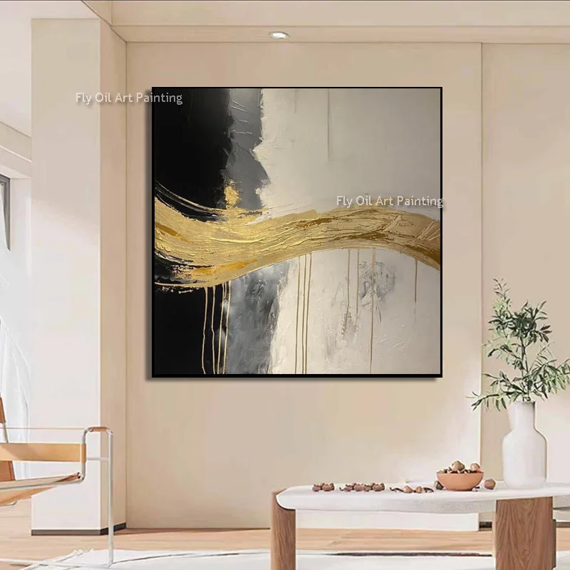 Hand Painted Impasto Gold Vertical Abstract Oil Painting, Textured Square Canvas, Luxury Dining Wall Decor