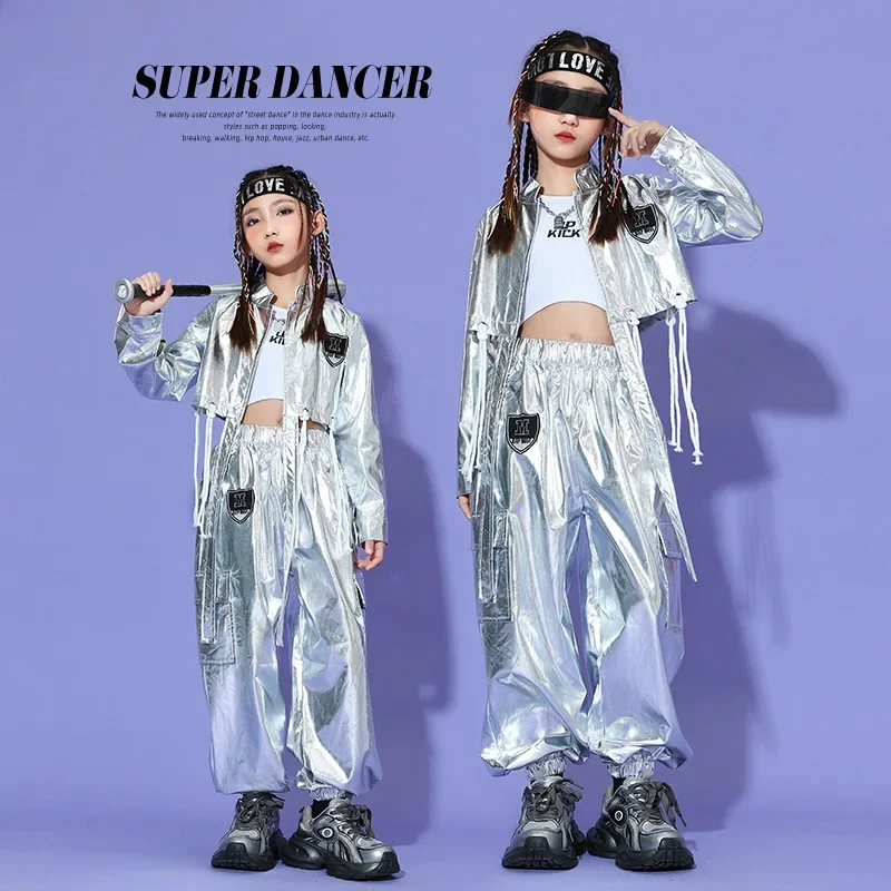 Hip Hop Jungen Silber Jacke Mädchen Jazz Jogger Hosen Street Dance Mini Rock Kleidung Sets Kinder Pailletten Kostüme Kind Streetwear