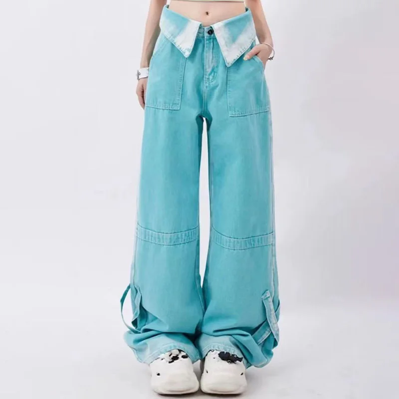 

American Style Vintage Lapel Y2k Baggy Jeans Women Streetwear Casual Trousers Hot Girl High Waist Women's Lake Blue Pants