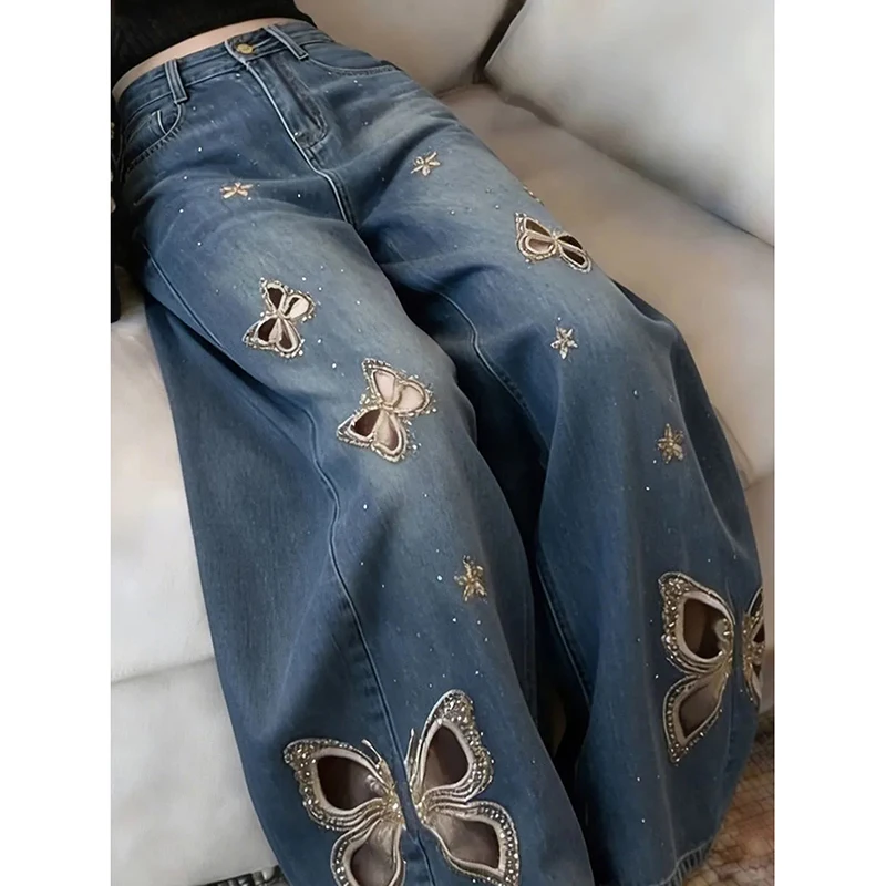 Women Y2K Butterfly Jeans Rhinestone Embellished Loose Wide Leg Denim Pants Star Applique Blue Streetwear Coquette Trousers