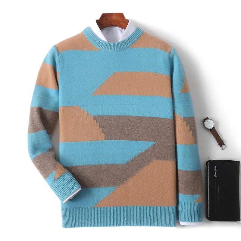 Autumn And Winter New Thick Color Matching 100% Pure Wool Men's Round Neck Sweater Loose Casual Cashmere Knit Bottoming Shirt