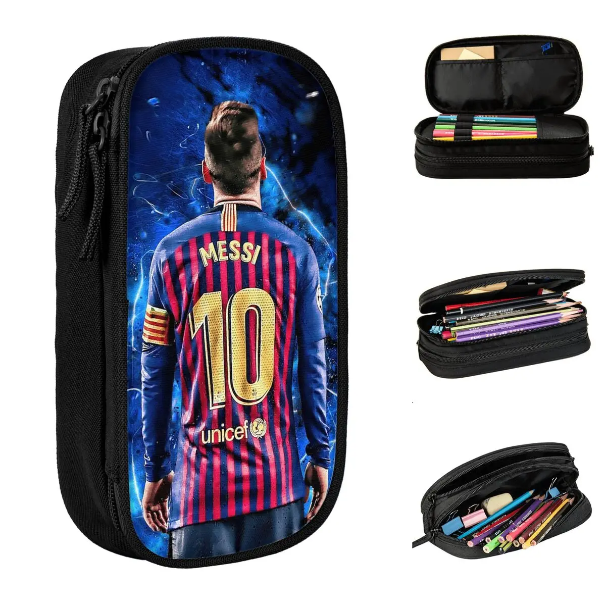 Estuche de lápices de fútbol clásico Messi, doble capa, gran capacidad, suministros de oficina, regalo increíble para fanáticos del fútbol