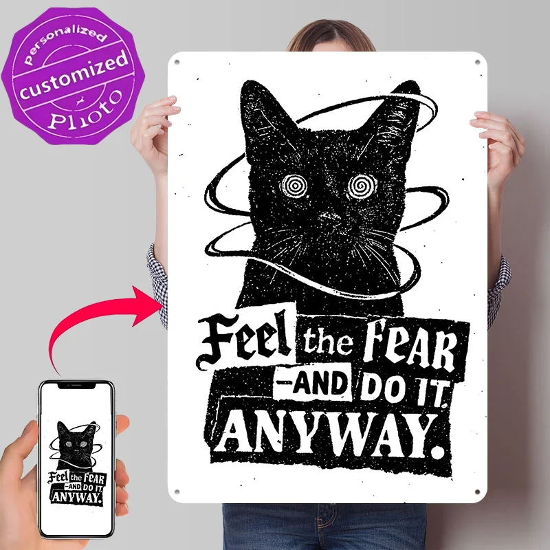 Hypnotic Cat - Feel the Fear 3D Texture Metal Poster Customized Wall Art Tin Sign Gift for Mancave Home Decor Accessories Items