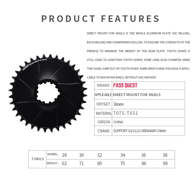 PASS QUEST 3mm Offset 3 Bolt Direct Mount Chainring Gravel Road Bike Chainring 28T-54T for SRAM GXP GX SX DUB