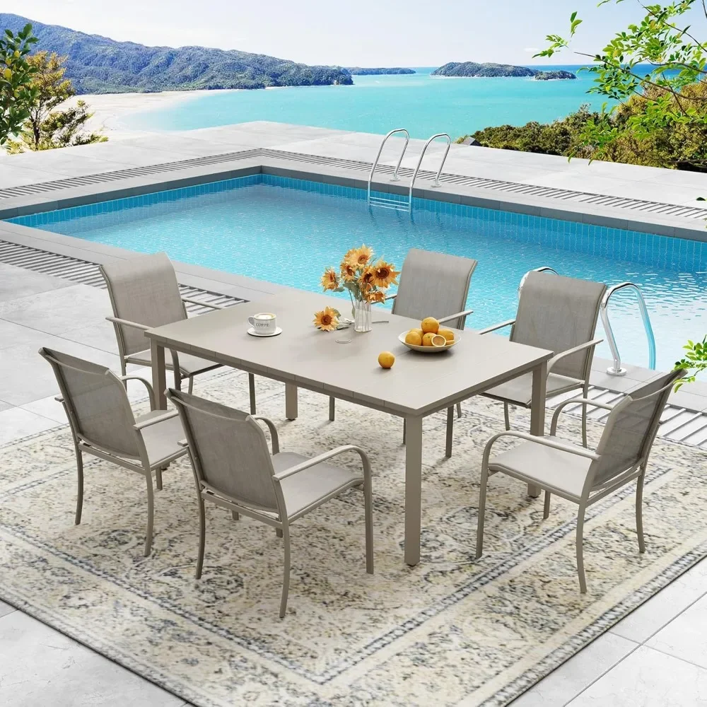 

7 Pieces Outdoor Patio Dining Set for 6, 63" Sandshell Rectangle Metal Dining Table and 6 Sandshell Stackable Sling Dining