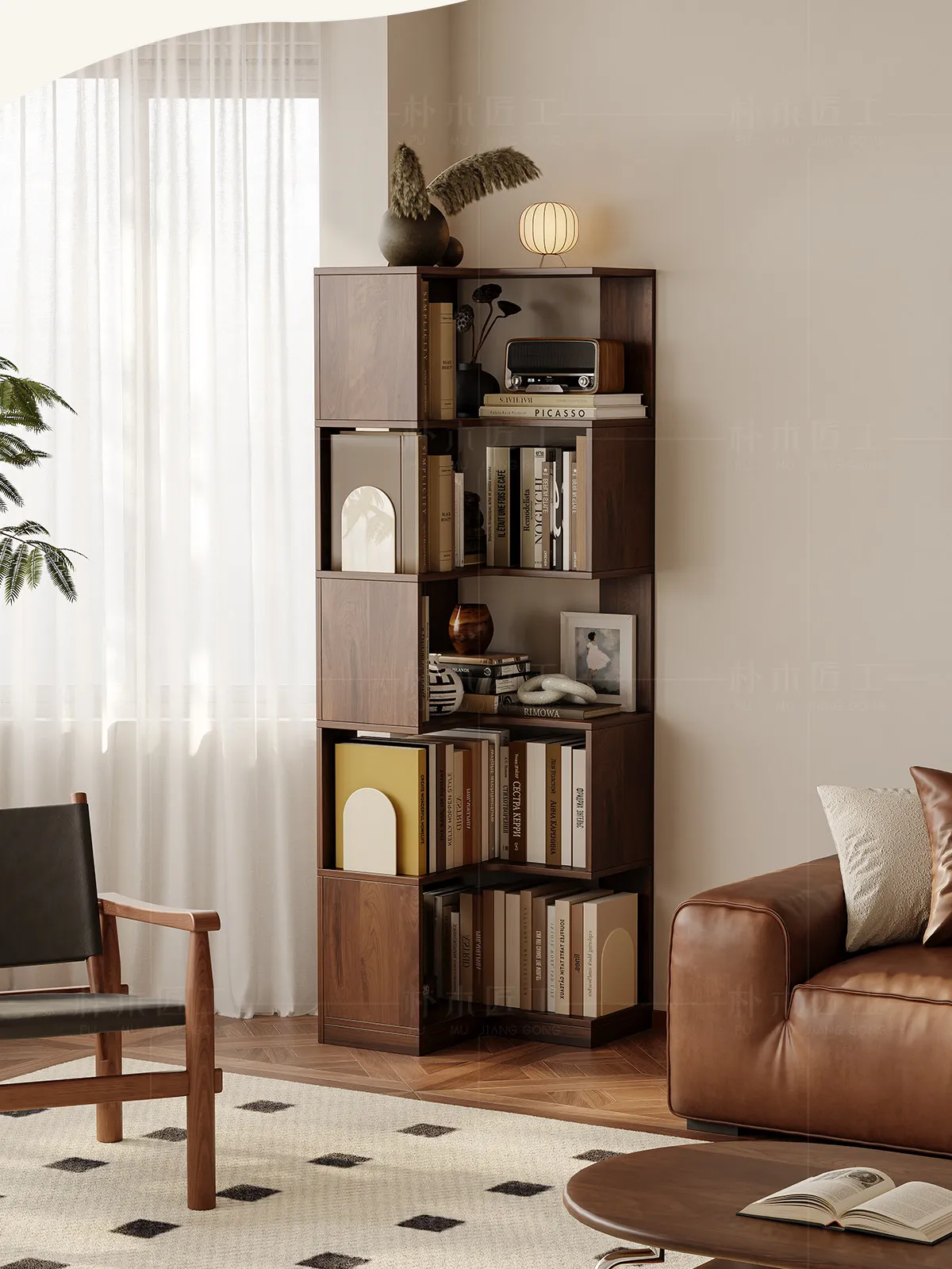 Yjq antique corner bookshelf floor shelf solid wood wall bookcase household living room locker