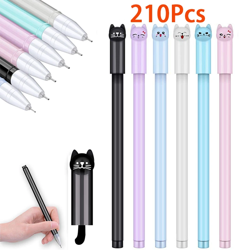 

210Pcs Cartoon Cat Pen Black Ink Gel Pens For School Office Writing Stationery