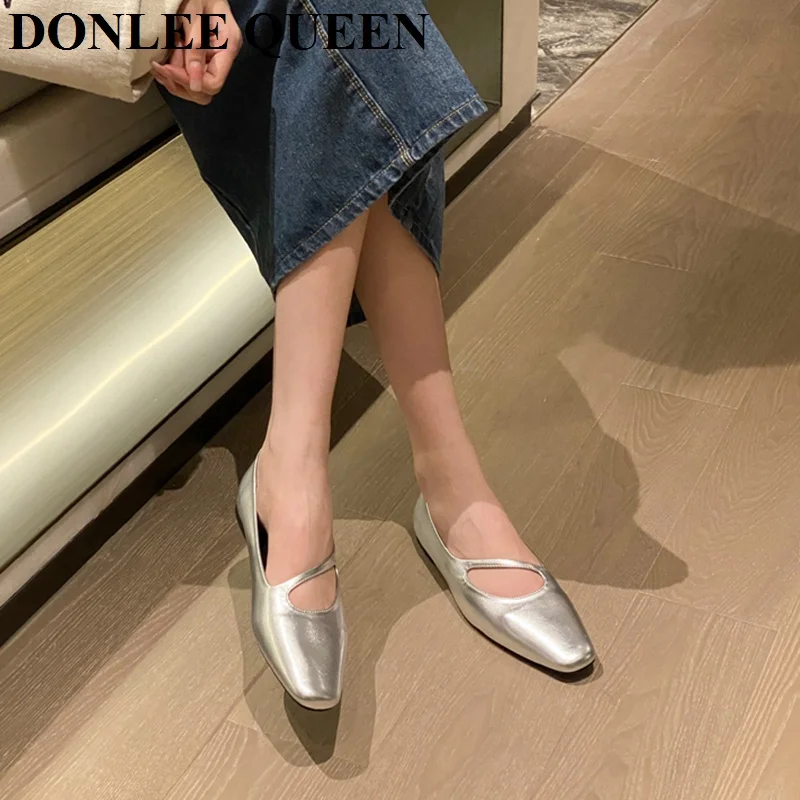 2023 New Autumn Flats Ballerina Shoes Women Fashion Brand Square Toe Ballet Shoes Female Casual Loafer Gold Sliver Zapatos Mujer