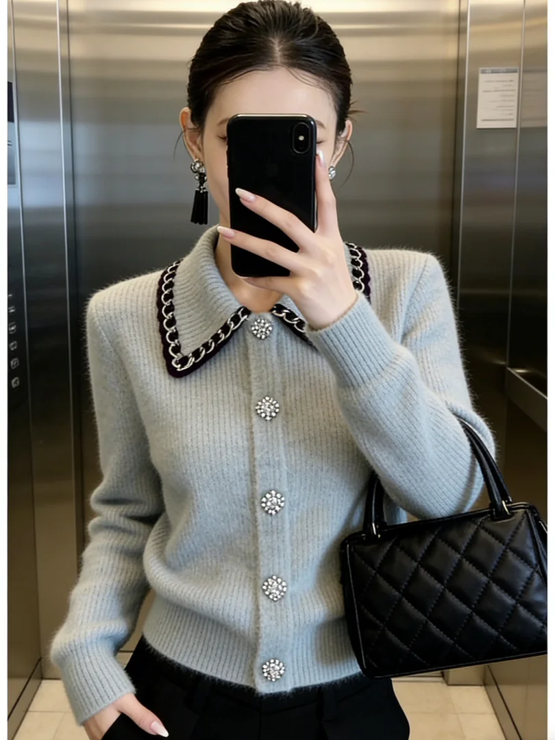 

Уникальный вязаный свитер с корейским воротником-стойкой, женский, люксовый, модный, весна 2026, шикарный, элегантный, стильный