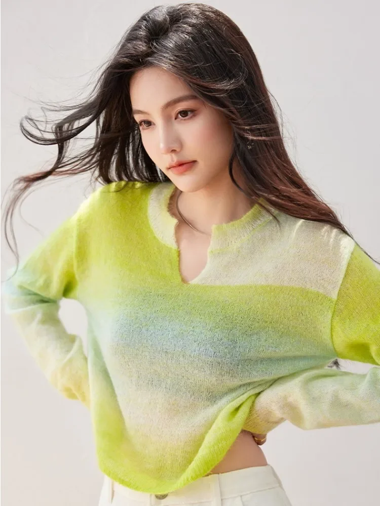 Wysokiej jakości sweter damski z gradientem z mieszanki moheru, nowy luźny sweter z wełny w stylu \"Mint Wave\" na rok 2024.