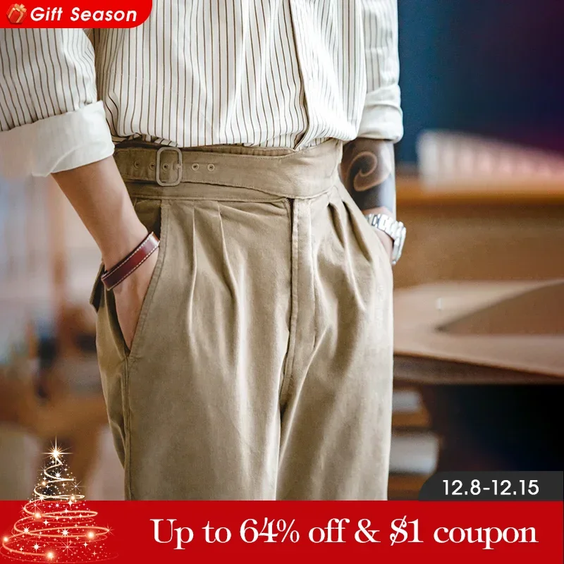 Maden Vintage Corduroy Gurkha Pants for Men Adjustable Double Waist Tabs Solid Color Straight Casual Pants for Autumn Trousers