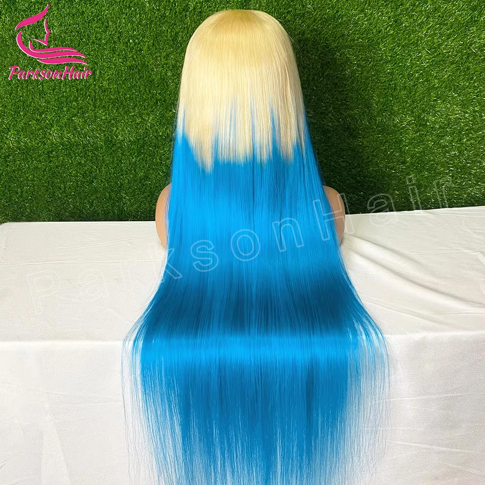 Ombre jasnoniebieski proste włosy ludzkie 13x4 13x6 HD przezroczysty peruki typu Lace front 613 kolorowy częściowo koronka peruka dla czarnych kobiet