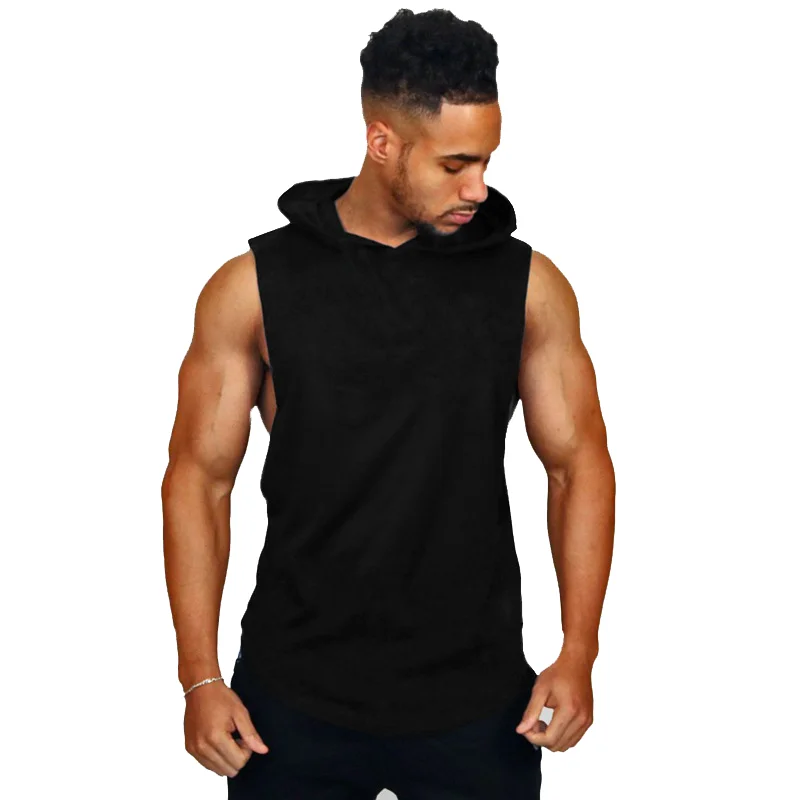 2023 Men\'s Cotton Camisole Hoodies Loose Fitness Sports Hooded Vest Hurdle Training Bottom Coat Tank Tops GYM Muscle Shirt