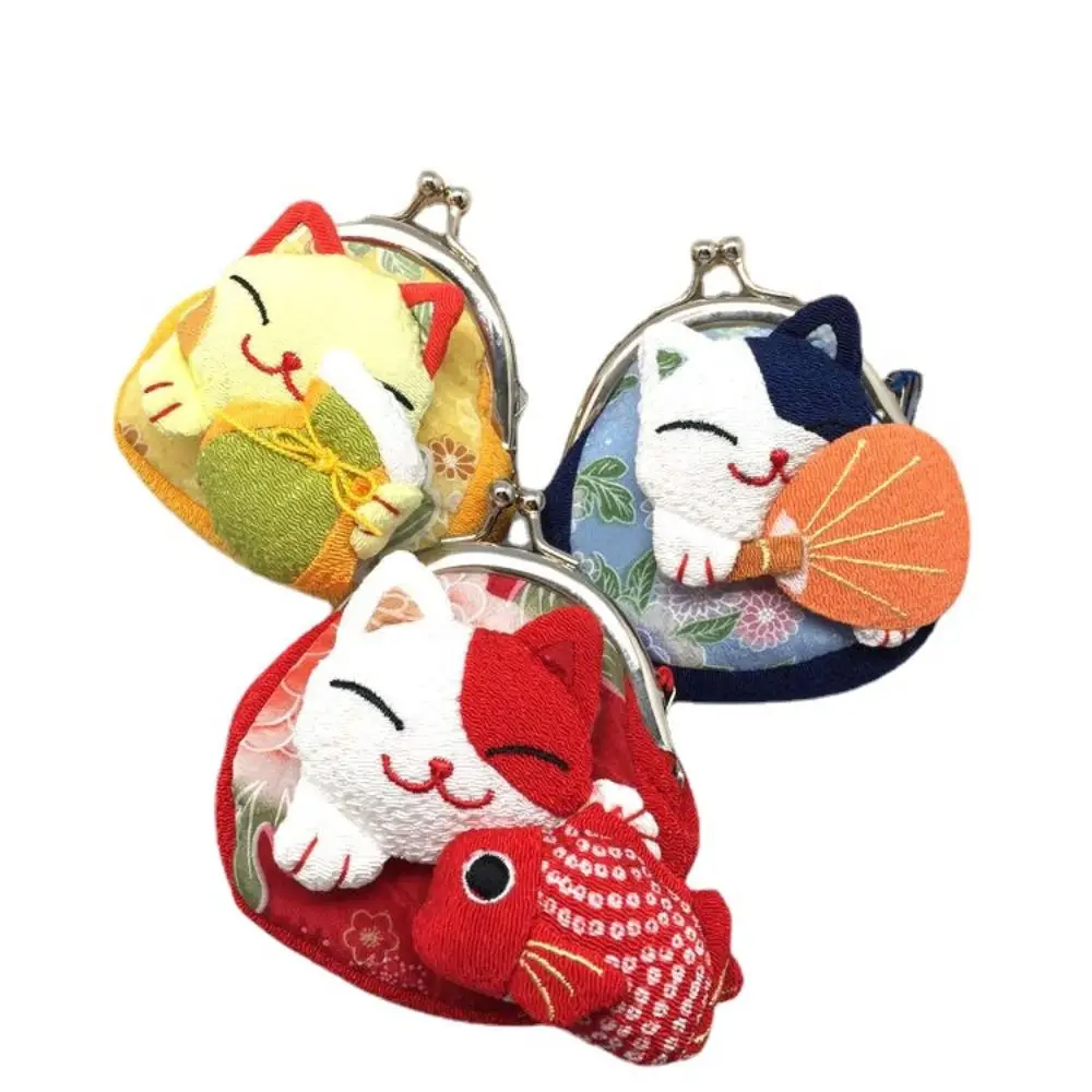 Monedero de estilo japonés Maneki Neko, billetera Retro con estampado de flores, tarjetero, bolsa de almacenamiento de PU, bolso de embrague de gato de la suerte para exteriores