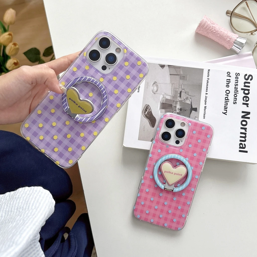 

Ретро чехол в виде сетки в горошек с полым сложным сердечком и держателем, магнитный чехол для телефона для iPhone 17, 16, 15, 14, 13 Pro Max