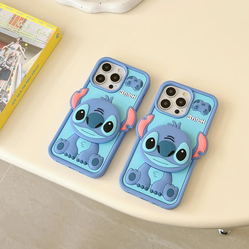 3D Cartoon Disneies Stitch with Makeup Mirror Phone Case for IPhone 16 15 14 13 12 11 Pro Max Soft Silicone Back Cover Funda