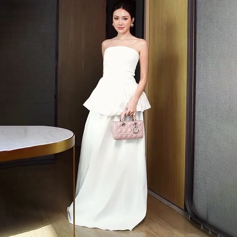 

New French Elegant Women's Two Piece Set Fashion Desing Flower Ruffle Edge Sleeveless Halter Camisole Top + Long Skirt Suit