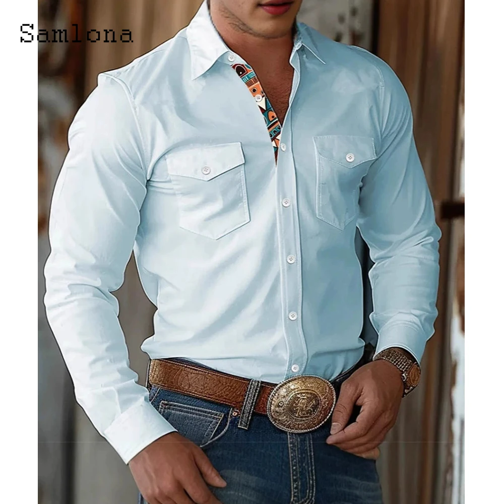เสื้อเชิ้ตแขนยาวผู้ชายสไตล์คาร์โก้ ปี 2025 ยุโรป วินเทจ เสื้อพื้นฐานแบบสวม คอตั้ง มีกระเป๋า เสื้อเชิ้ตลำลองผู้ชายแบบใหม่