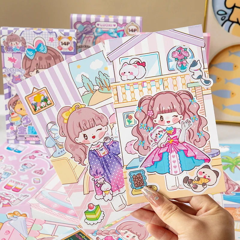 Cartoon Beautiful Girl Professional Dress-up Game Sticker Book Princess Makeup Change Elementary Children Handmade Stickers
