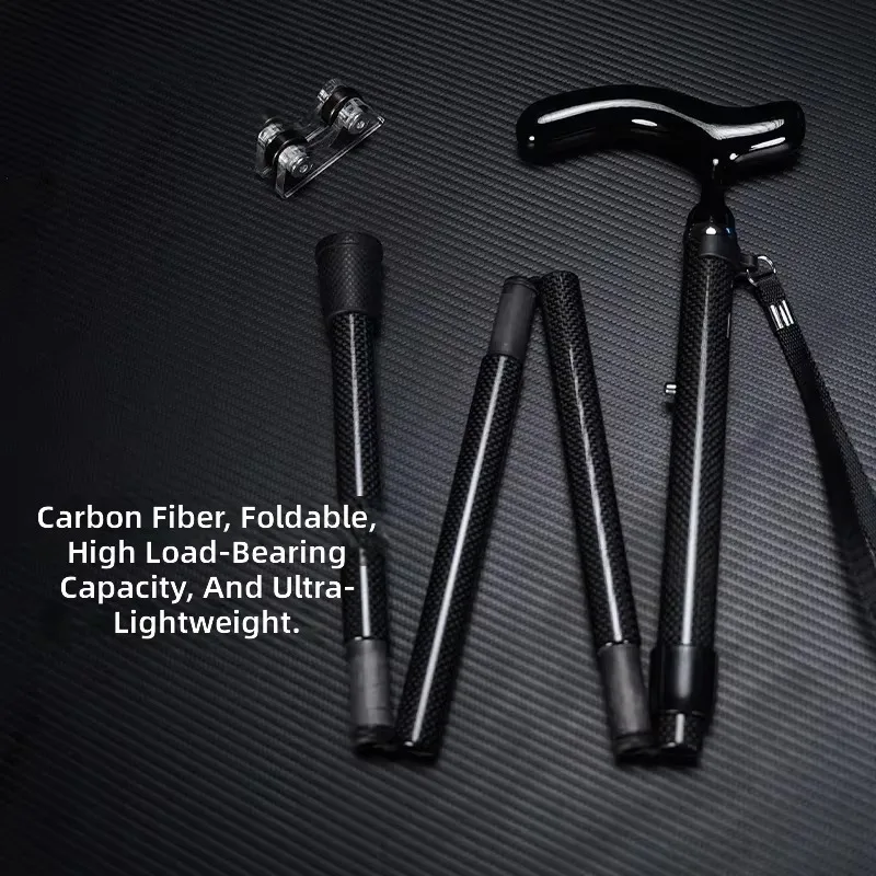 Adjustable lightweight telescopic folding walking stick, non-slip rubber base, suitable for portable travel.