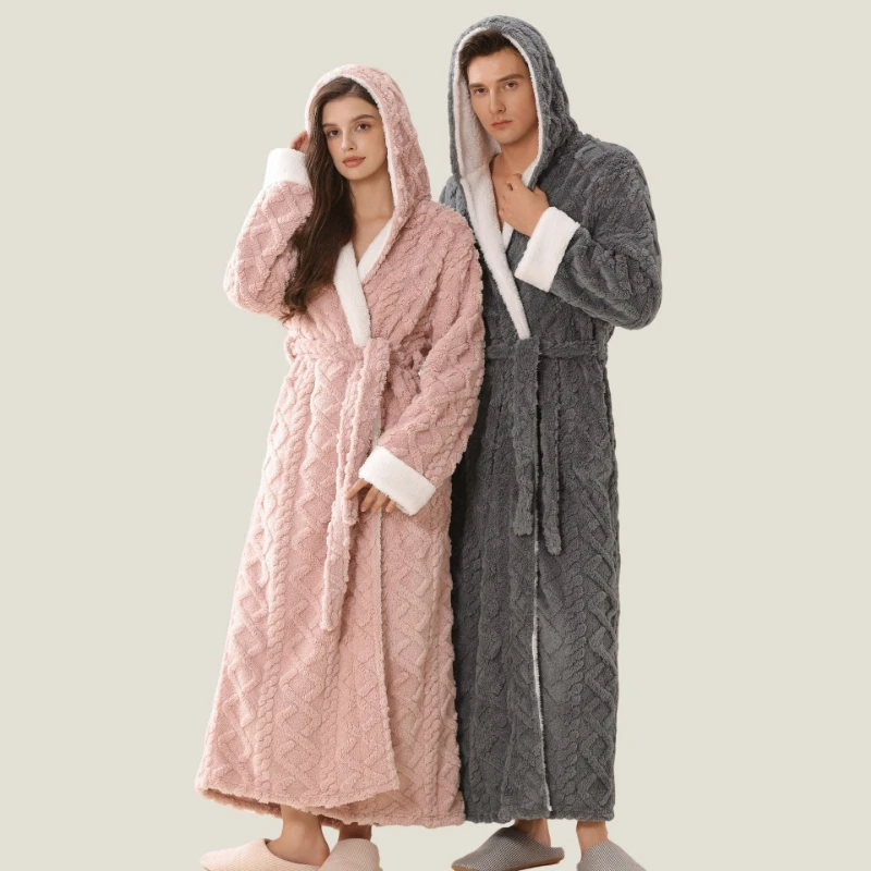 

New Winter Flannel Hooded Men Long Robe Lounge Wear Thicken Warm Coral Fleece Male Sleepwear Kimono Bathribe Gown Loose Homewear
