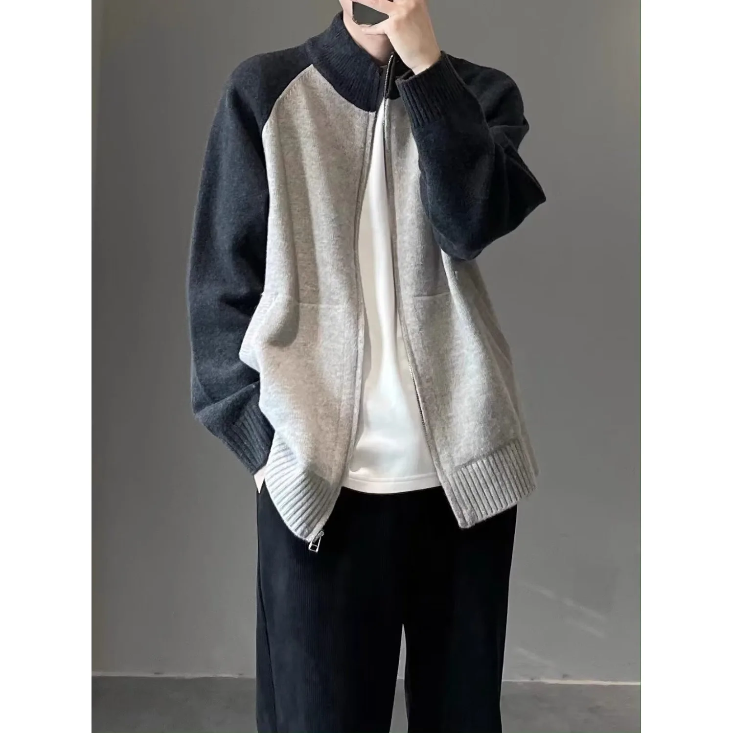 

Men's Knitted Open Cardigan Casual Spring Autumn Loose Fit Casual Sweater Zipper Closure Patchwork Collar Sli Versatile