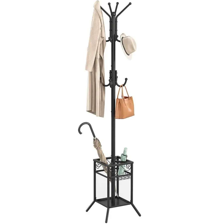 

Coat Rack Freestanding, Coat Tree with Umbrella Holder, Metal Coat Rack Stand with 12 Hooks, Modern Standing Coat Hanger Stand,