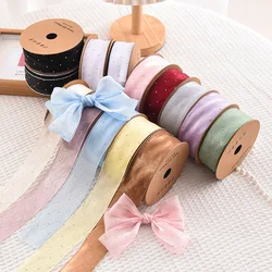 20Yards 4CM Silver Dots Silk Satin Chiffon Packaging Ribbon Tape Flower Gift Box Wrap Bow DIY Wedding Christmas Party Decoration