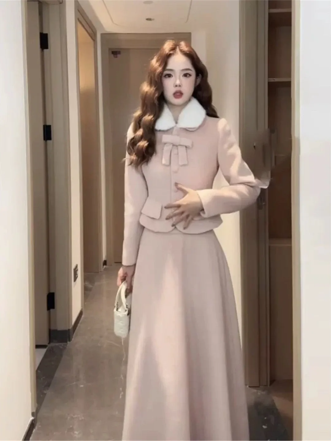

Elegant plus Size Winter Woolen Short Coat And High Waist A-Line Skirt Set Women's Fashion Ensemble Warm Casual Wear