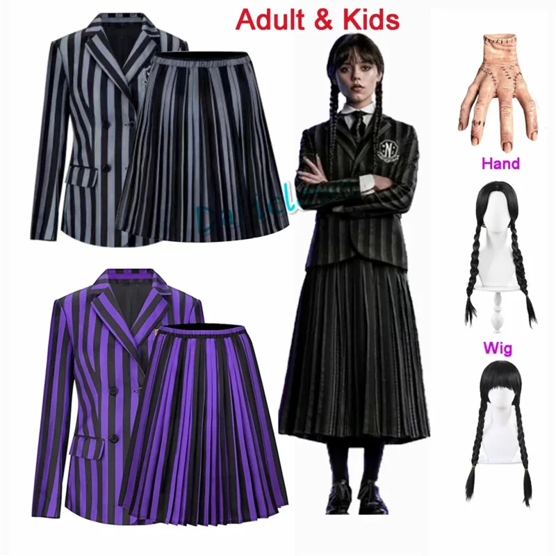 Addams Wednesday Halloween Costume Kids Girls Women Family Birthday Party Nevermore Academy Uniform Clothes Hand Wig Cosplay