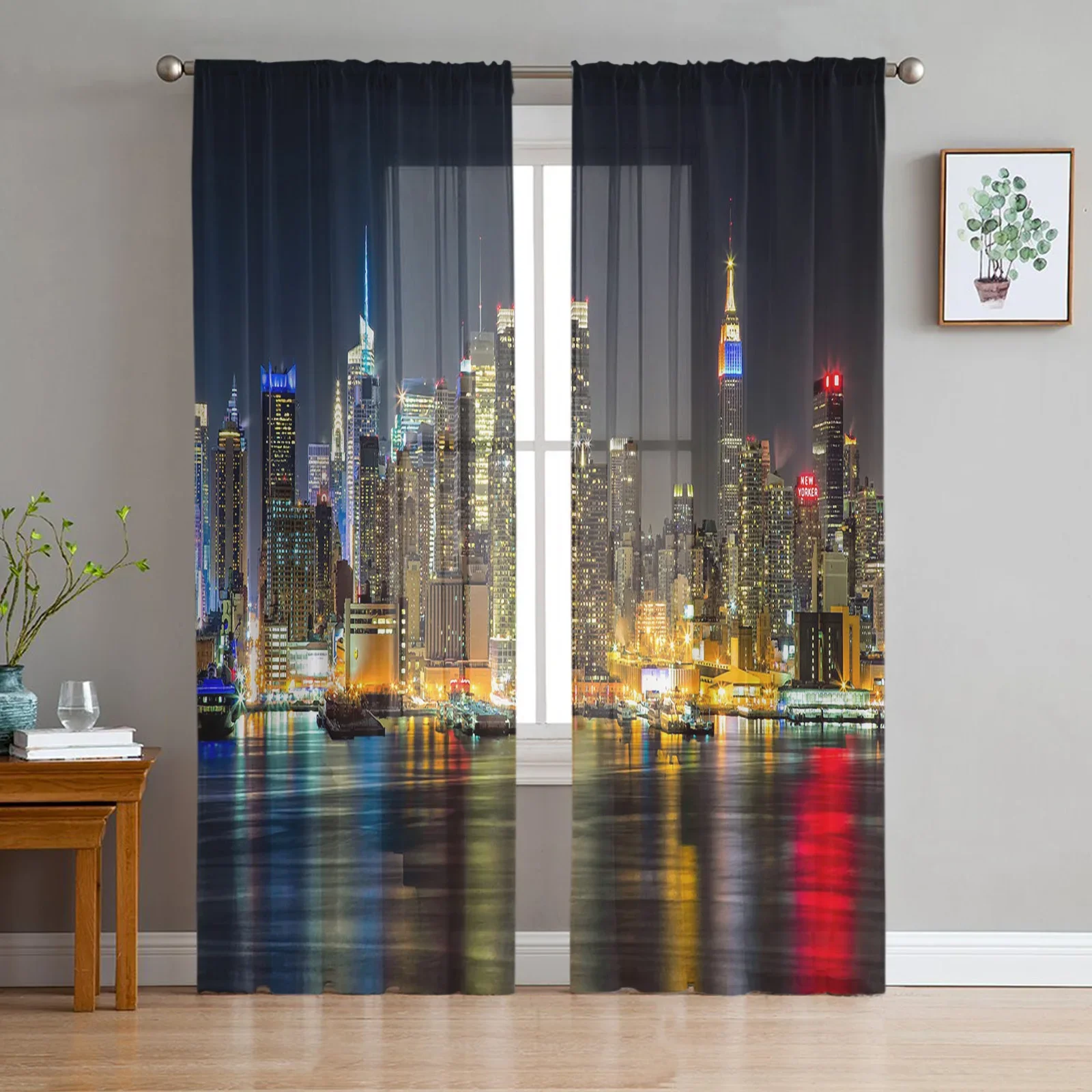 Manhattan City Night View Sheer Curtains for Living Room Decoration Tulle Voile Organza Window Curtains for Kitchen Bedroom