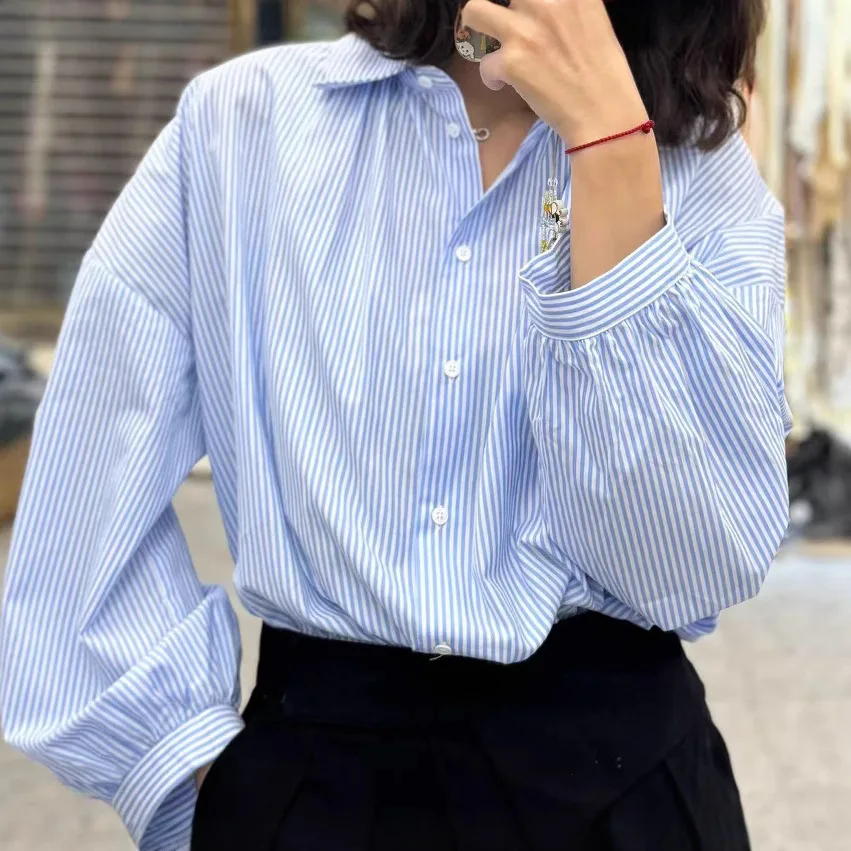 Withered Classic Versatile Slimming Cotton Poplin Striped Shirt Top Clothes Shirts & Blouses Women's Clothes Shirts Tops