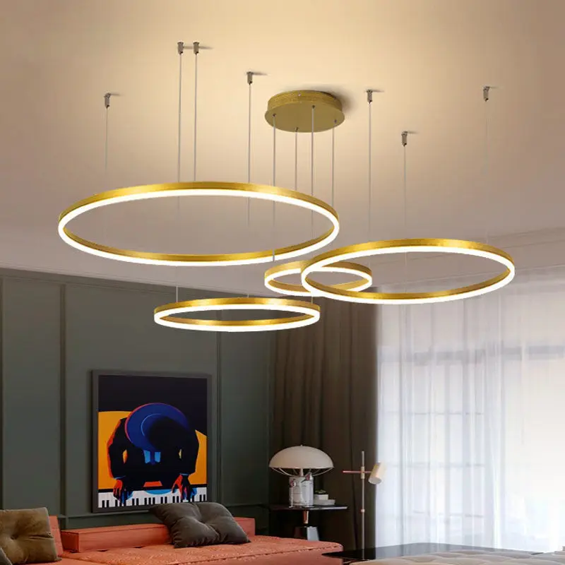 Modern 5 Ring Led Pendant Lights Dimmable Gold Black Brown for Bedroom Living Dining Room Chandelier Home Decor Lighting Fixture