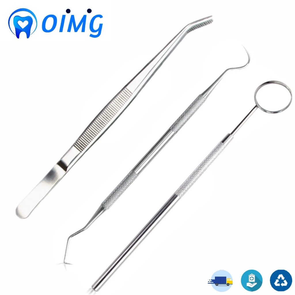 Dental Stainless Steel Mouth Mirror with Handles and Dental Tartar Scraper Tweezers Oral Probe Sickle Shape 3Pcs/set