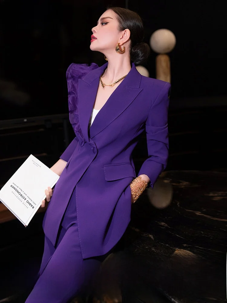 

Purple Suit Set Women's Commute Style Professional Pants Outfit Autumn Fashion Ensemble Long Sleeve Suit Jacket And Trousers