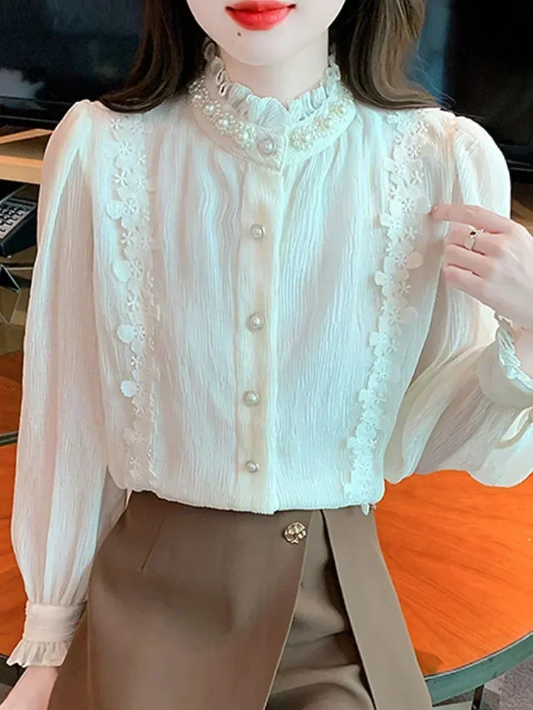 Beading Stand Collar Lace Chiffon Blouse Shirt Women Tops Shirts Blusas Mujer De Moda 2024 Long Sleeve Blouse Women Blusa H259