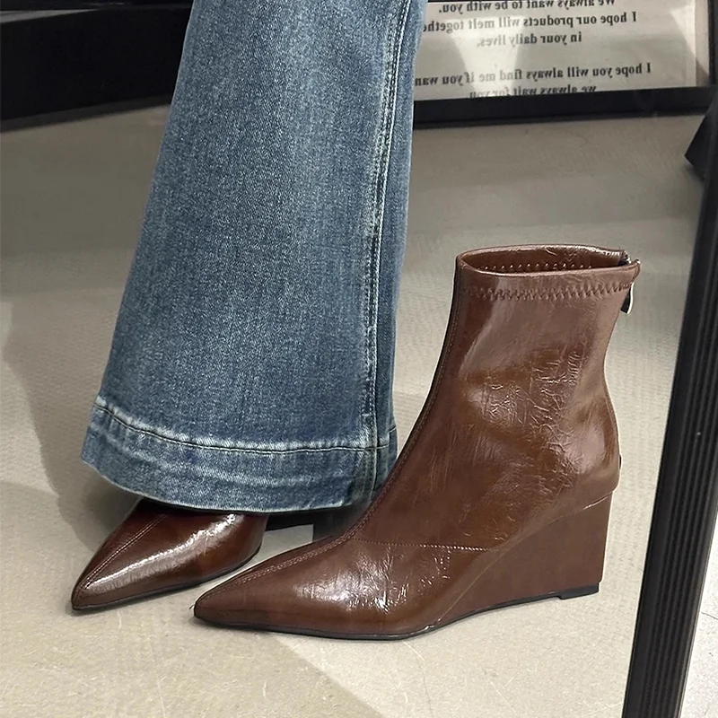 

Wedges Ankle Boots for Women's Pointed Toe Heeled Shoes Elegant 2025 Sexy Pumps Chelsea Boots New Leather Dress Mujer De Botas