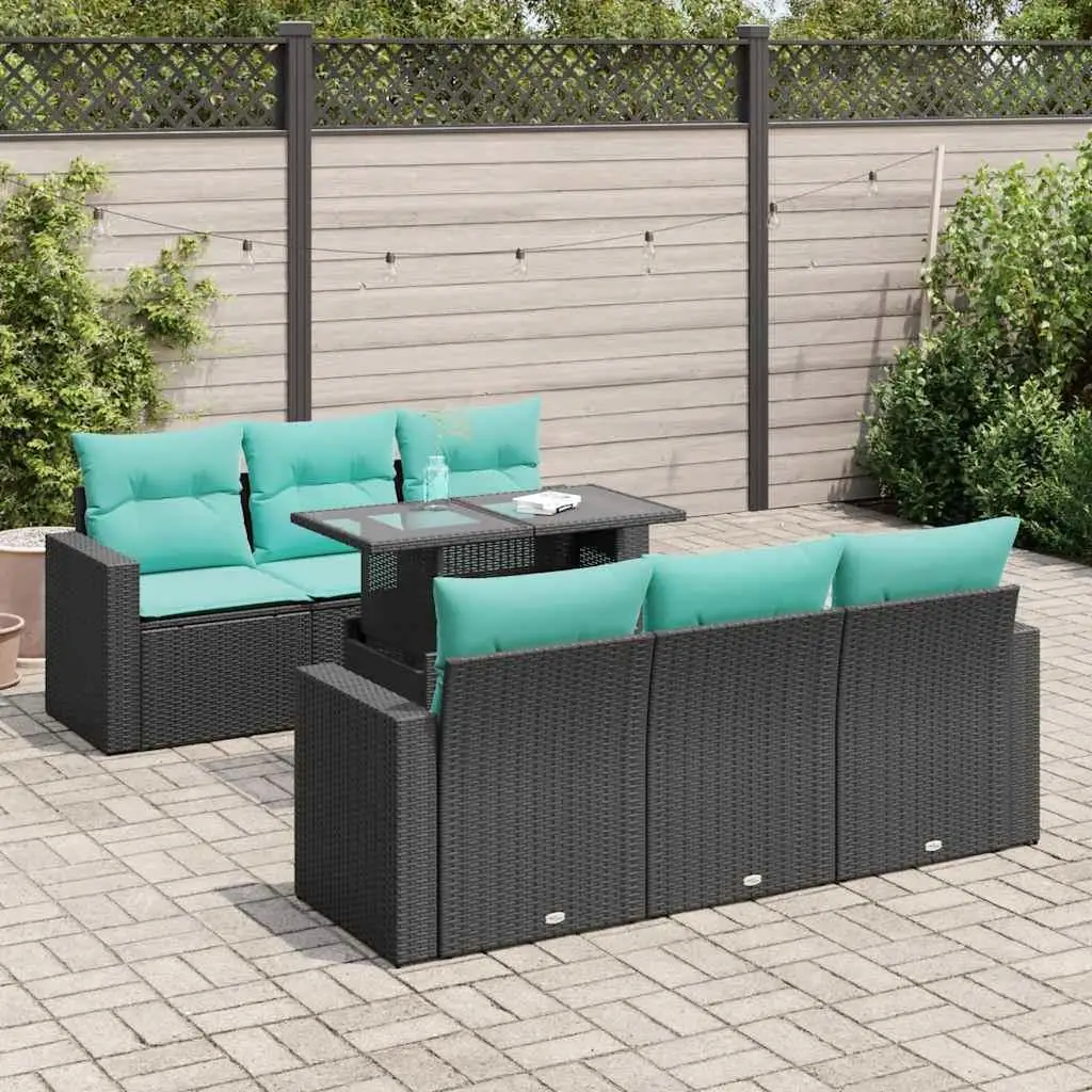 

7 Piece Outdoor Patio Sofa Set with Cushions Black Rattan and Acacia Wood Furniture