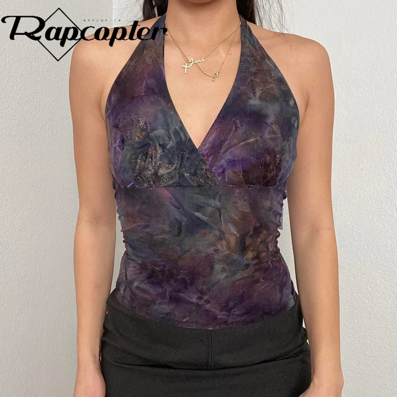 Rapcopter y2k Vintage Print Halter Top Backless Sexy Hippie Boho Grunge Mini Vest Women Holiday Beach Tank Tops Streetwear Sweat