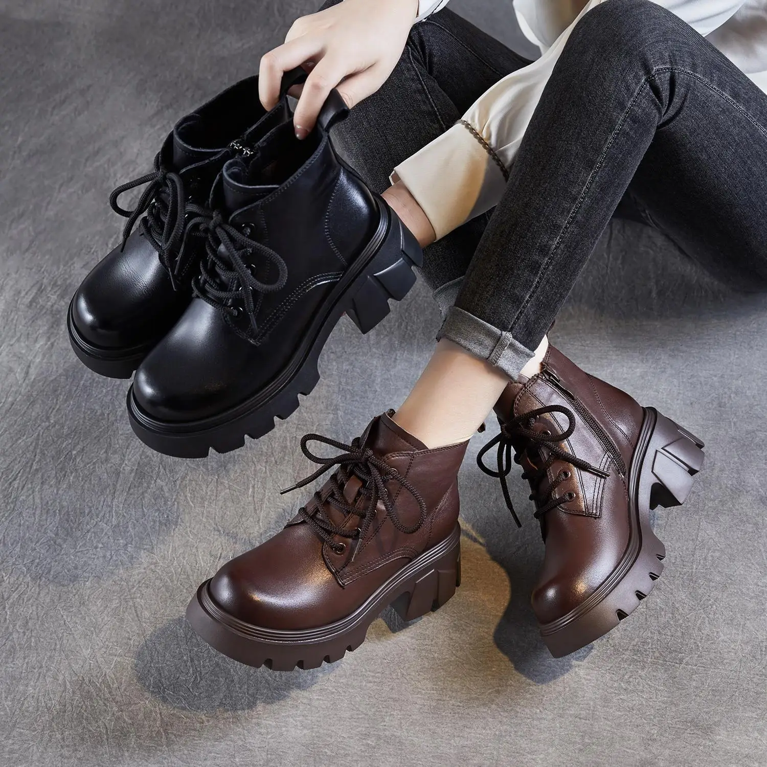 

Women's Boots Thick Bottom Chunky Heel Genuine Leather Waterproof Tassel Low Top Fashion Boots British Vintage Style