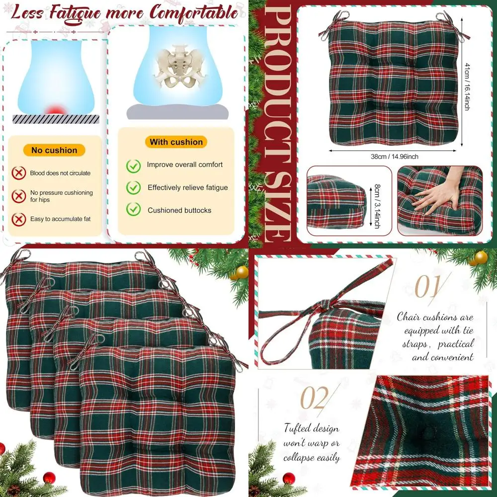 

Set of 4 Christmas Plaid Seat Cushions with Ties, 15x16 Green, for Outdoor Dining Chairs & Home Decor