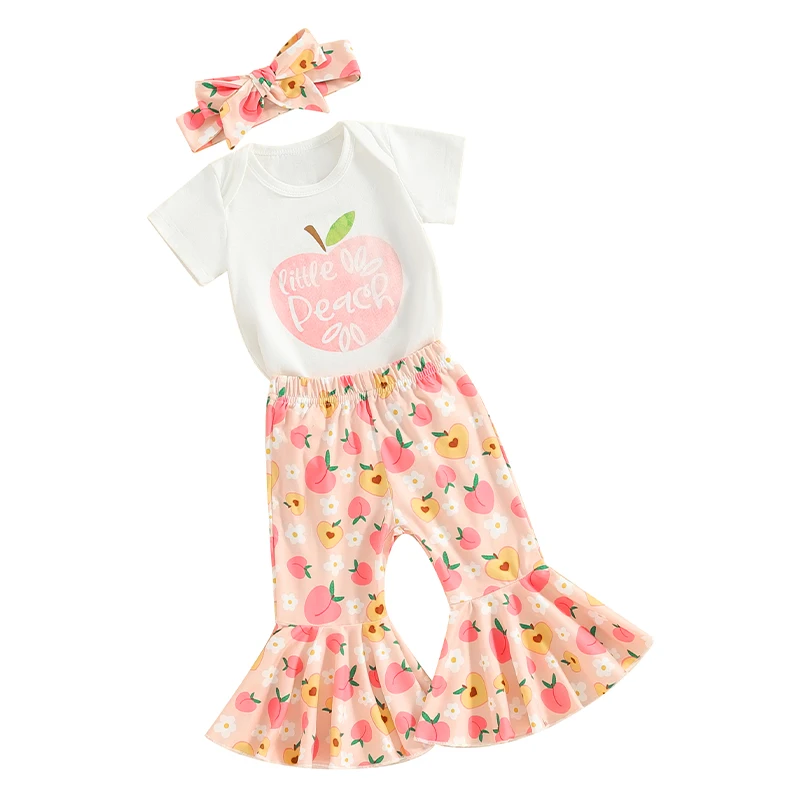 

Newborn Infant Baby Girl Clothes Short Sleeve Little Peach Romper Top Flare Pants Headband Bell Bottom Set Summer Outfit 3pcs