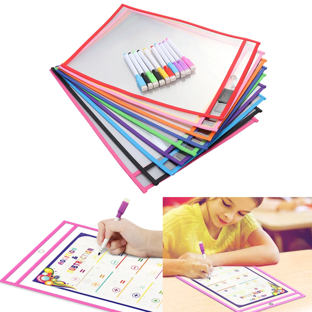 

30pcs Pvc Reusable Dry Erase Pocket Transparent Teaching Supply For Kids Learning Practice School Accessory Office Form Saver