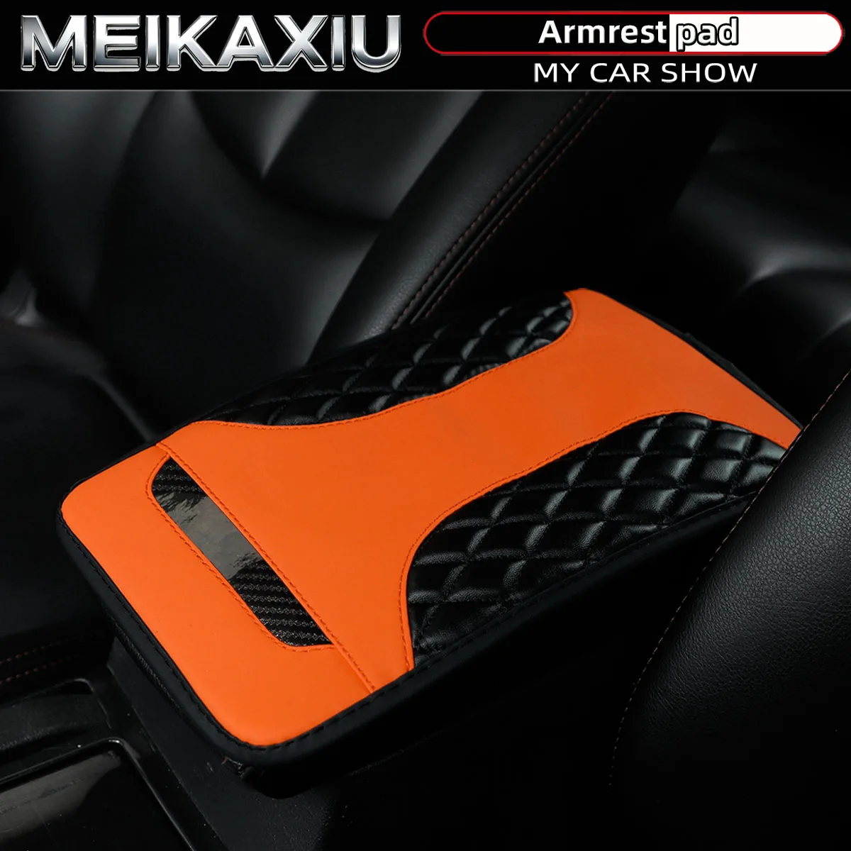 1PC 12.6x7.5inch Crystal Carbon Fiber 3D Diamond-Pattern PU Leather Car Armrest Cover Non-Slip Center Console Pad